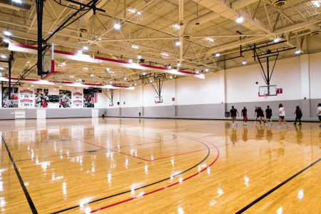 a wide shot of court 2 inside the student recreation center. it heavily resembles a basketball court