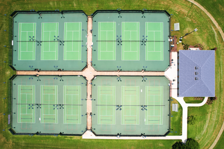 aerial shot of 12 tennis and pickleball courts